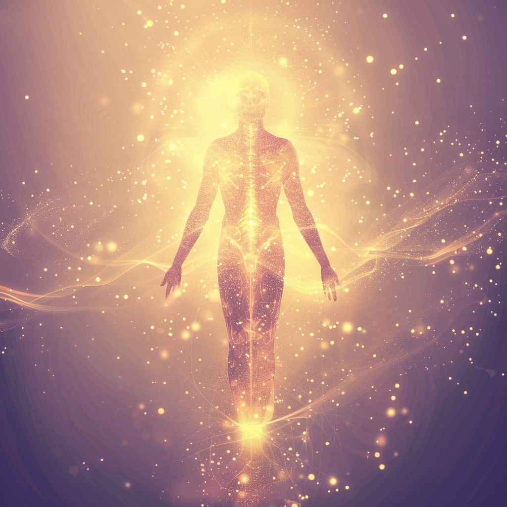 A calm, balanced human figure surrounded by soft golden light