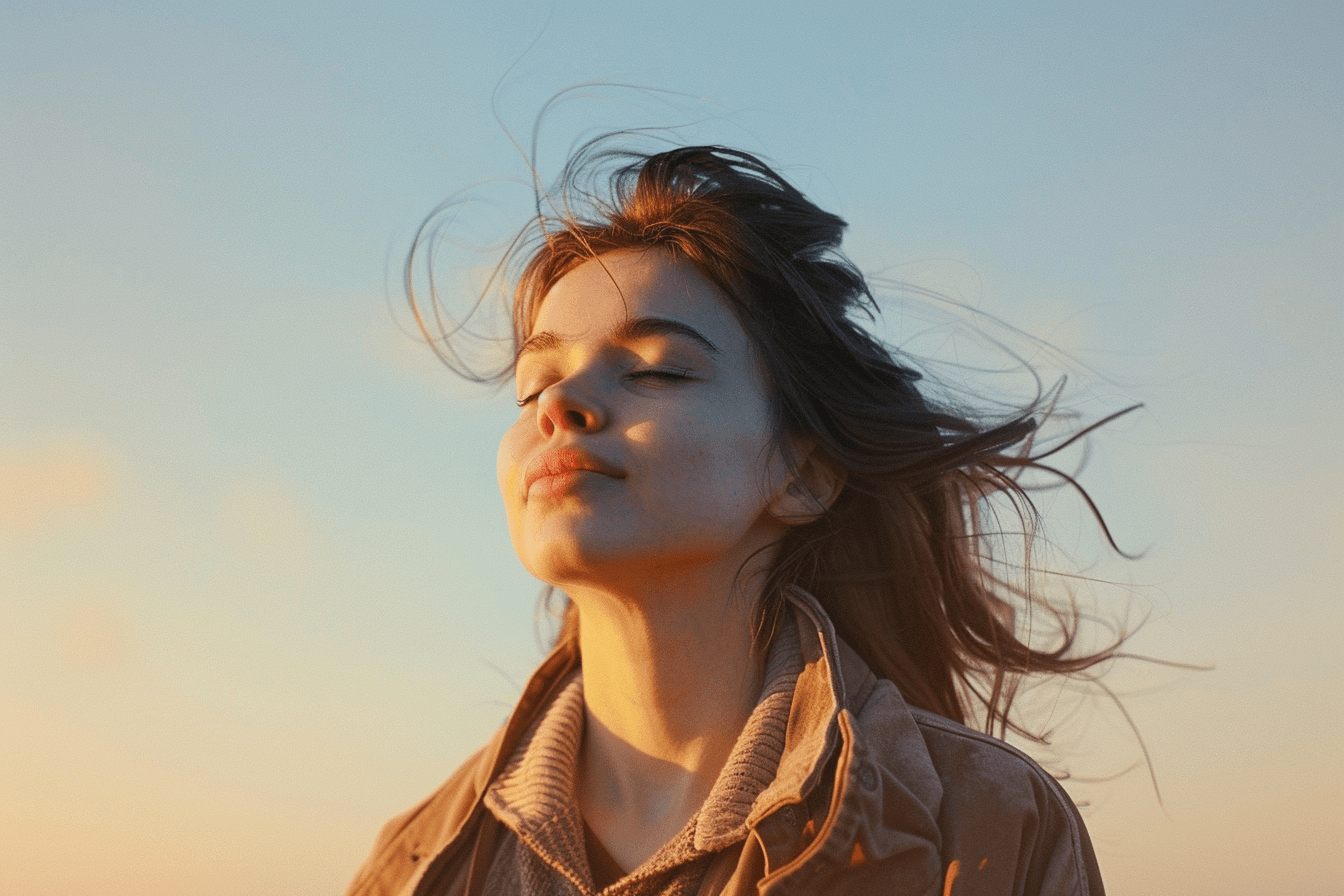 A woman standing outdoors in soft golden morning light
