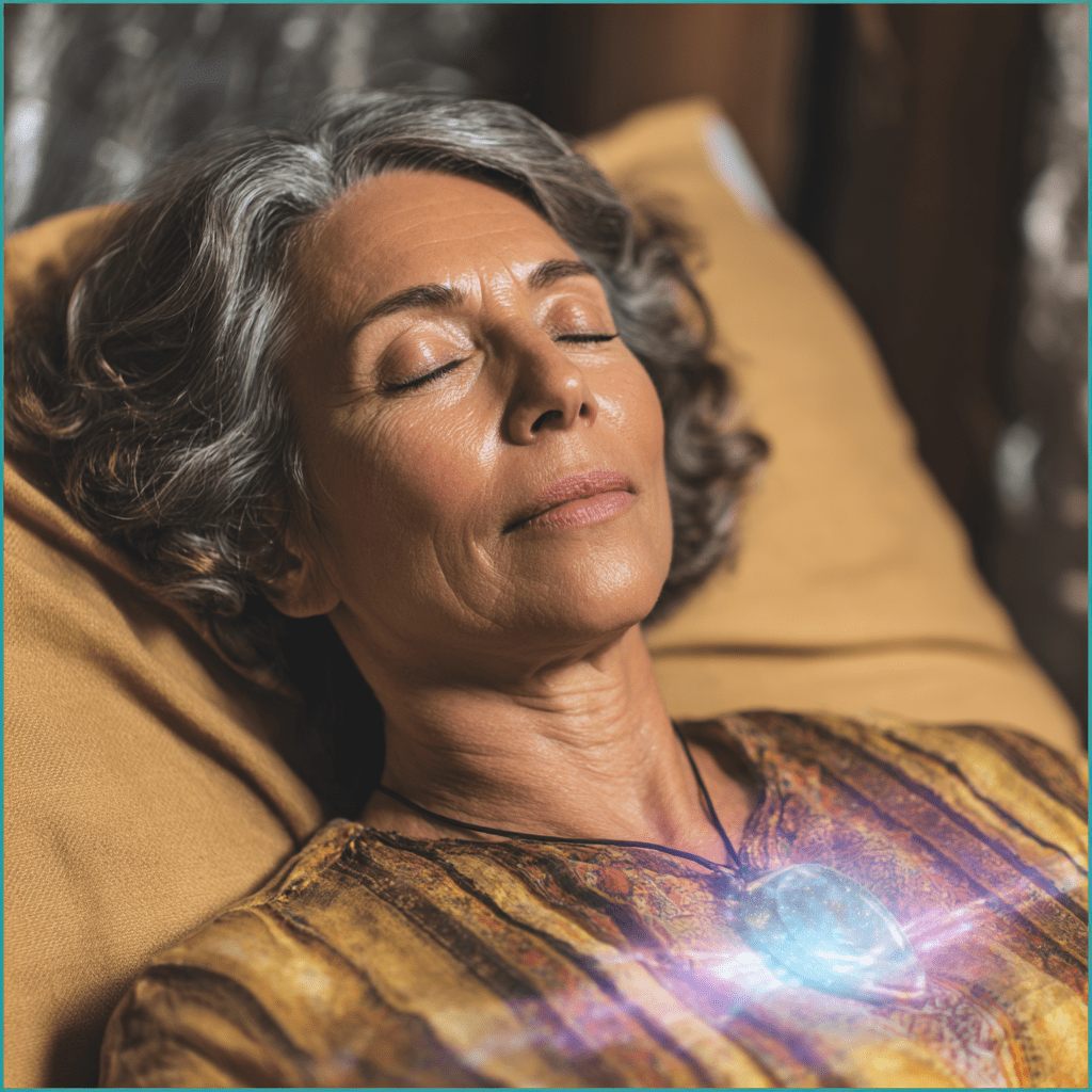 A woman sitting quietly in soft light during a remote spiritual healing session