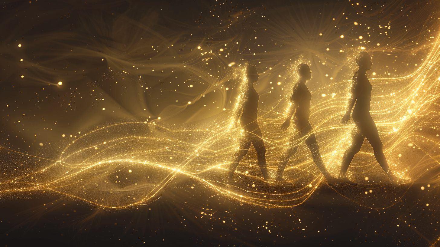 A human silhouette shown in three stages of energetic clearing, from clouded to clear