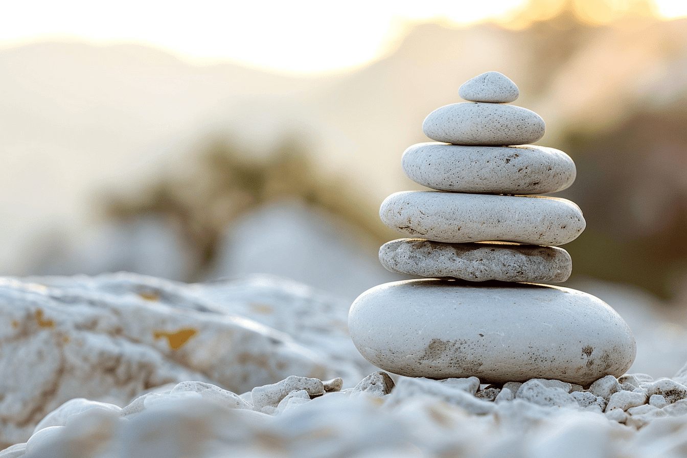 Smooth stones stacked and perfectly balanced in soft light