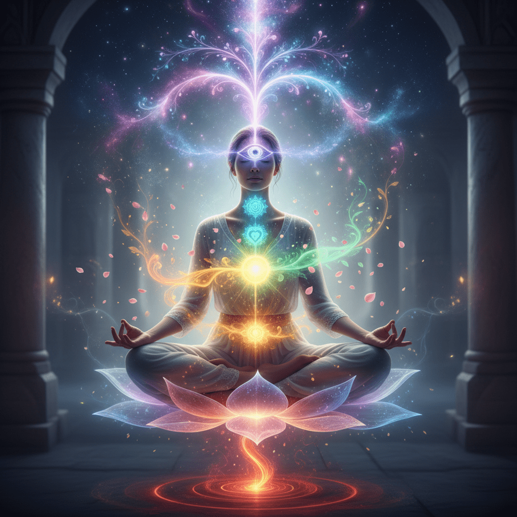 woman-showing-all-seven-chakras-energy-centres-with-energy