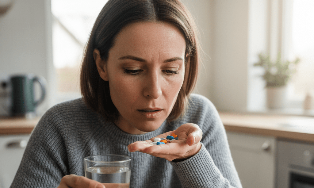 woman taking medical pills and tablets.