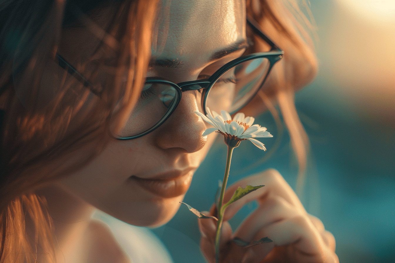 AI woman focussing on a flower