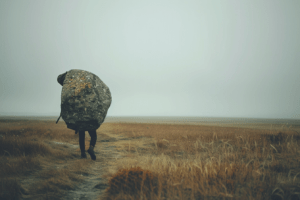 AI person carrying a heavy stone