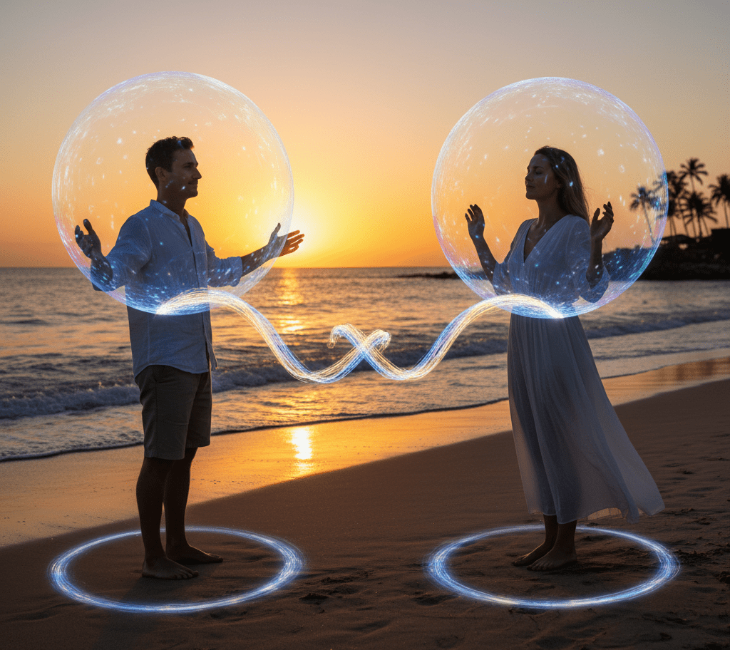 A man and a woman standing apart on a beach, illustrating an energetic cord between two people