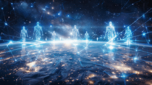 AI multiple_glowing_human_figures_connected_by_beams