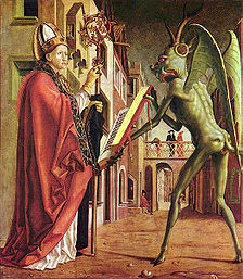 Michael Pacher’s painting of the devil presenting Saint Augustine with the book of vices, a green winged demon holding an open book before a robed bishop