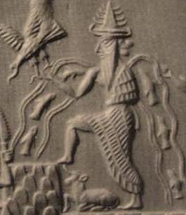 Detail of Enki from the Adda Seal, an ancient Akkadian cylinder seal dating to circa 2300 BC.