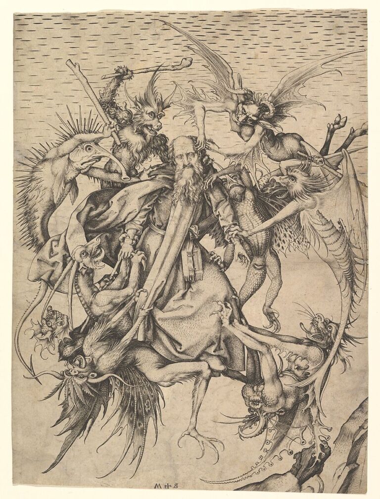 Martin Schongauer’s engraving The Torment of Saint Anthony, about 1470, showing the saint lifted into the air and set upon by winged and clawed demons