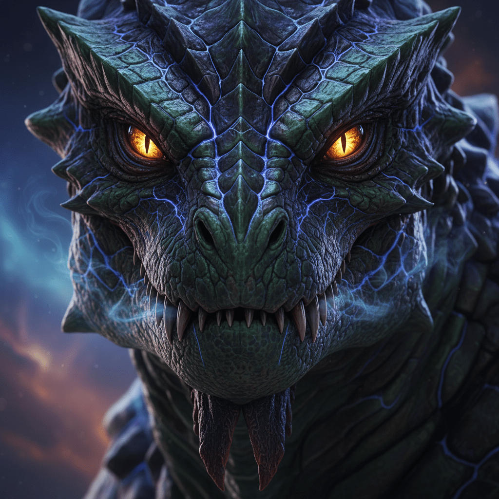 A reptilian entity with scaled green skin, spined brow and glowing amber eyes