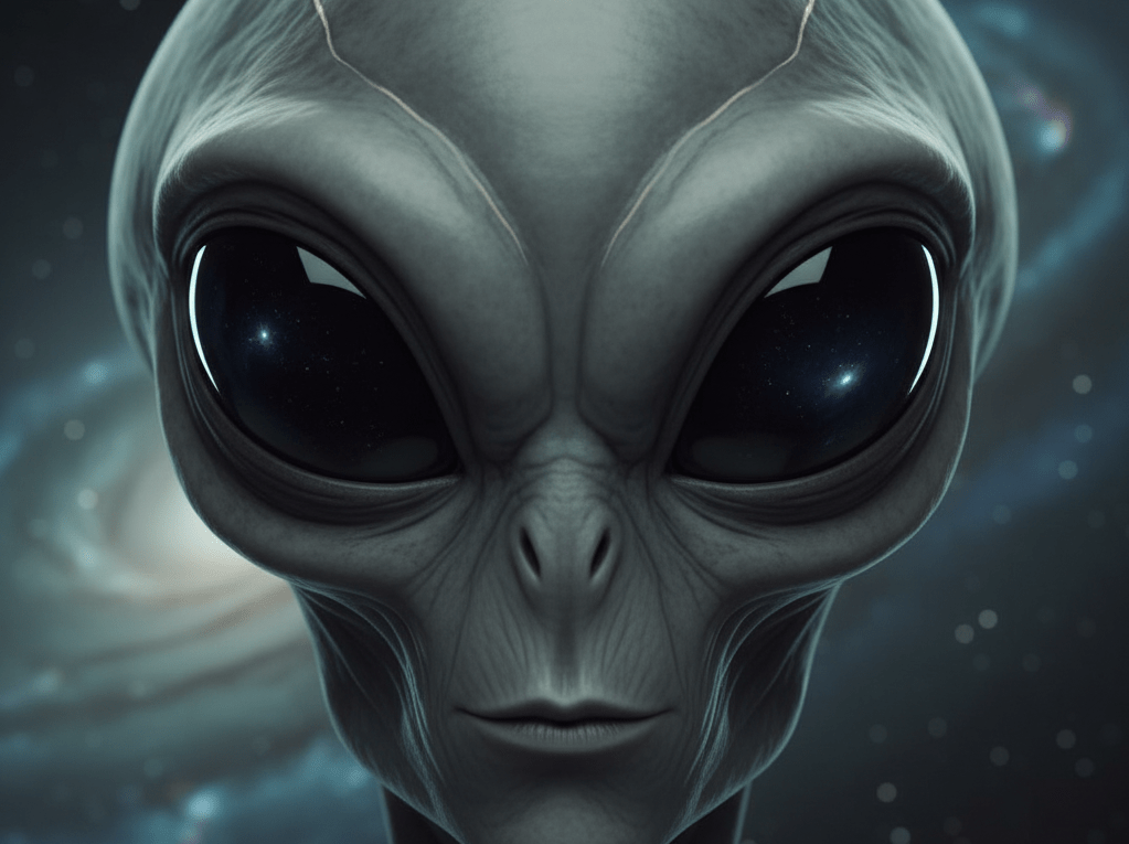 A grey alien entity with a large domed head and black almond eyes, against a galaxy background