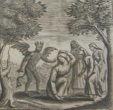 An old engraving of a winged demon approaching a group of robed figures in a landscape, one of them kneeling