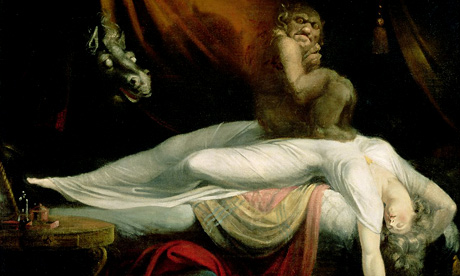 Detail from Henry Fuseli’s painting The Nightmare, an incubus crouched on the chest of a sleeping woman with a pale eyed horse emerging from the shadows behind her