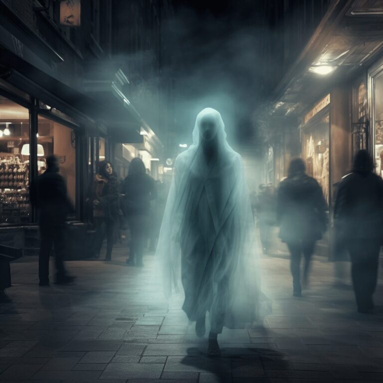 A pale, ghostly figure walking along a dark street at night