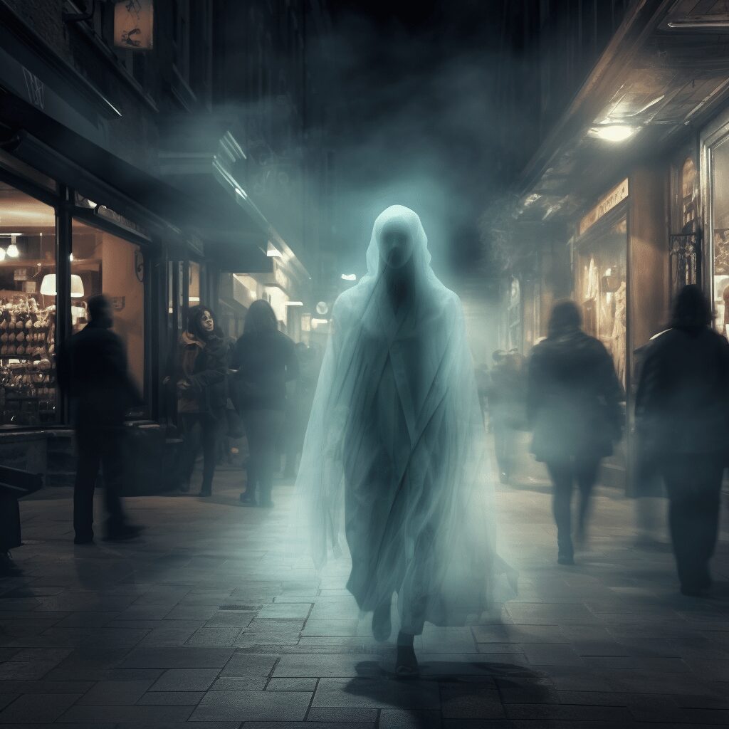 A pale, ghostly figure walking along a dark street at night
