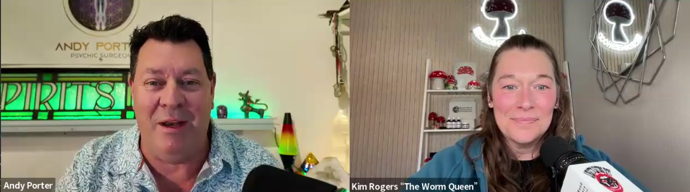 Andy Porter Psychic Surgeon Podcast banner featuring guest Kim Rogers, The Worm Queen
