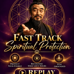 Chen, Andy Porter's spirit guide, holding out his hand in front of a golden flower of life, with the words Fast Track Spiritual Protection replay, catch up