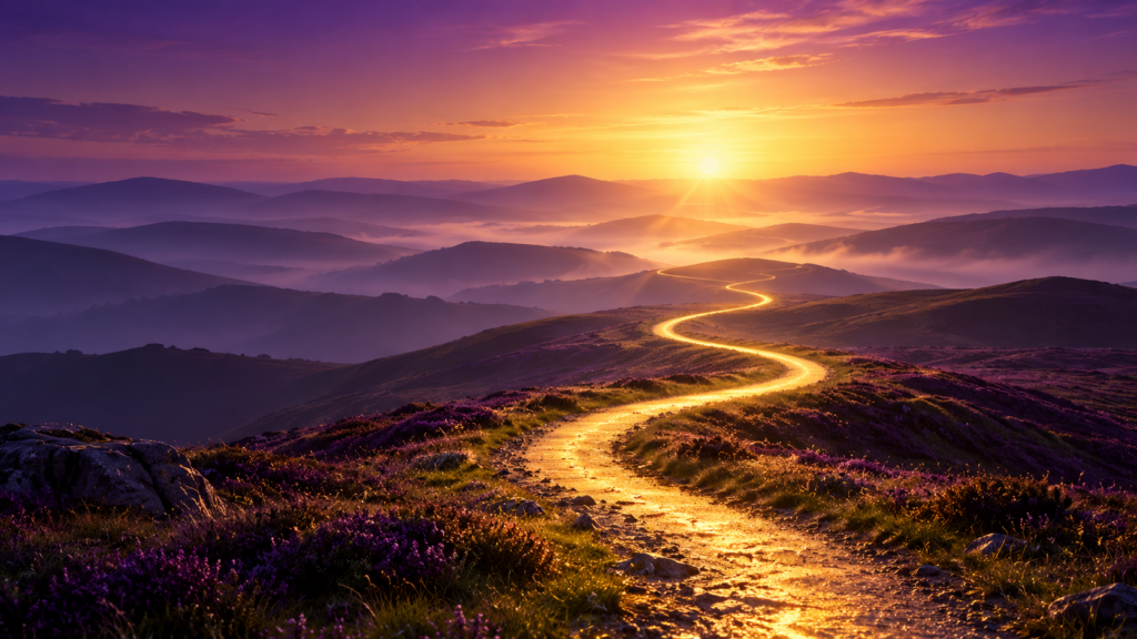 A golden path winding through misty highland hills towards a glowing sunrise, symbolising the spiritual path