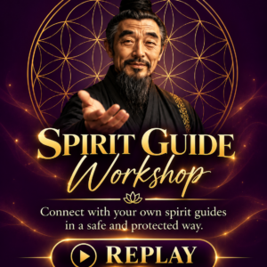 Chen, Andy Porter's spirit guide, holding out his hand in front of a golden flower of life, with the words Spirit Guide Workshop replay, catch up