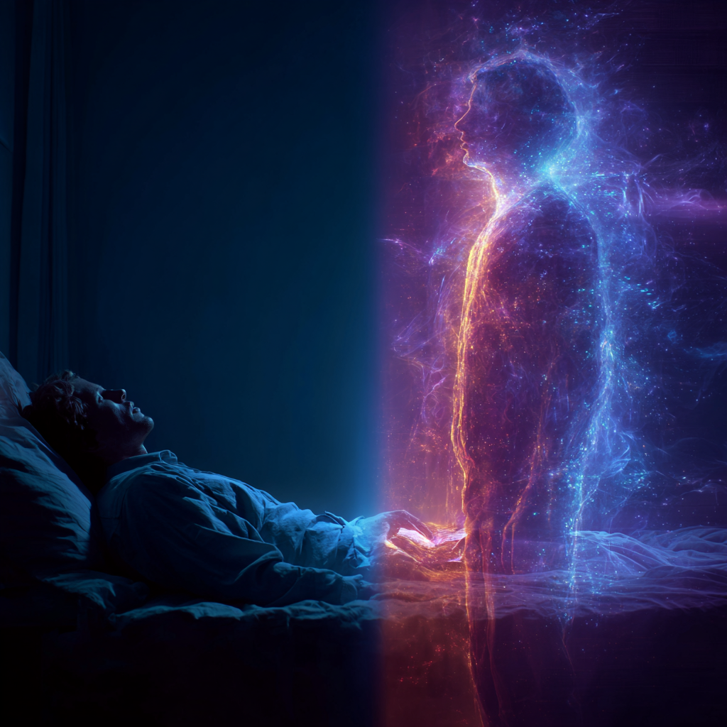 A worried man lying awake in bed while a spirit figure stands at the foot of the bed