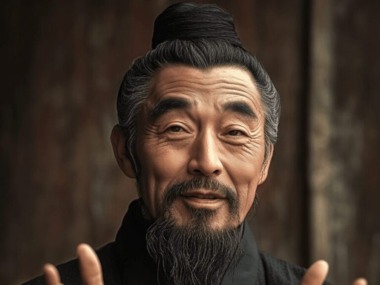 A portrait of Chen, an older Chinese man in a dark robe with his hands held out in front of him