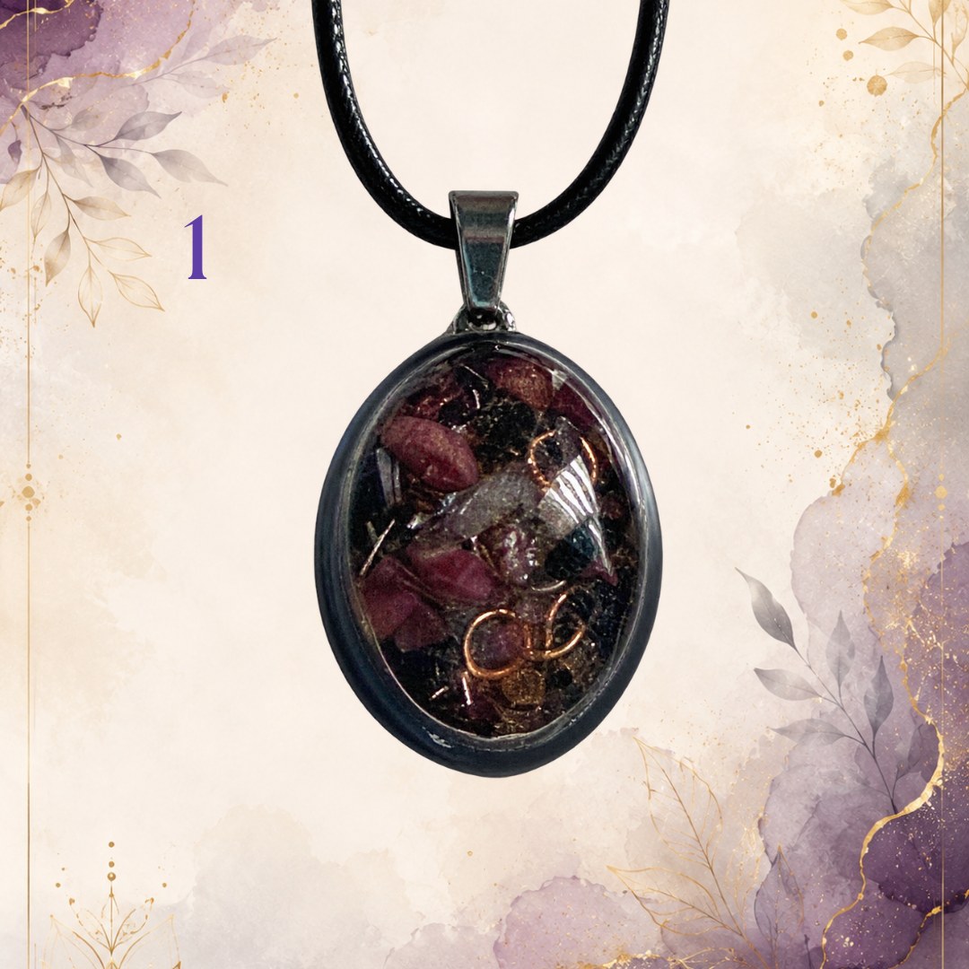 Wonky Wuns handmade orgonite pendant on a black cord, piece number 1, set with mixed crystal chips