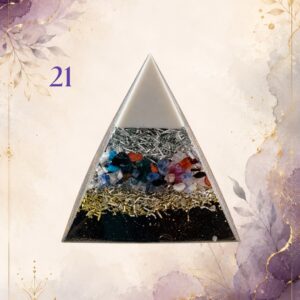 Wonky Wuns handmade orgonite pyramid, piece number 21, set with mixed crystal chips